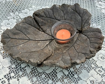 Rhubarb LEAF CANDLE Holder Cement Hypertufa Organic Blend 8 x 10 inch