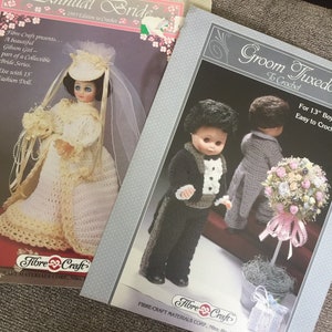 May include: Two crochet doll patterns, one for a bride and one for a groom. The bride pattern is for a 15-inch doll and the groom pattern is for a 13-inch doll. Both patterns are from Fibre-Craft Materials Corp.