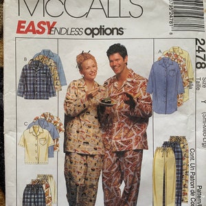 May include: A sewing pattern for pajamas with a variety of options. The pattern includes a long-sleeved shirt, a short-sleeved shirt, and pants. The pattern is for sizes small, medium, and large. The pattern is called "Easy Endless Options" and is from McCall's.