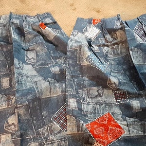 Pleated Curtains Retro Denim Weight Navy Blue Red White 42 x 46&quot; long Pre-owned 100% Cotton  free shipping