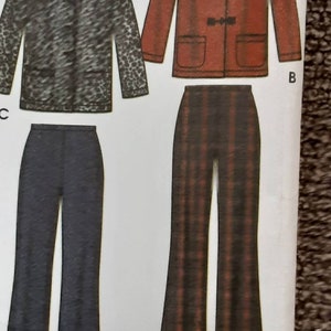 May include: A sewing pattern for a hooded jacket, pants, and a tote bag. The jacket is red, the pants are plaid, and the tote bag is brown. The pattern is labeled "easy-to-sew" and includes the letters "A", "B", "C", "F".