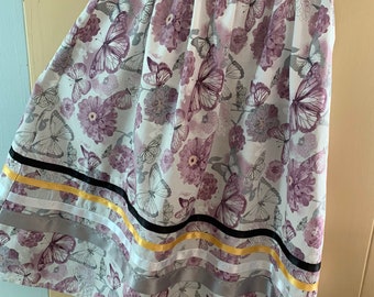 Miss Med/Lg Tribal Ribbon Skirt.  Butterflies and Flowers.  Waist Adjusts ~32-38 inches. Pocket.  Hair Tie.