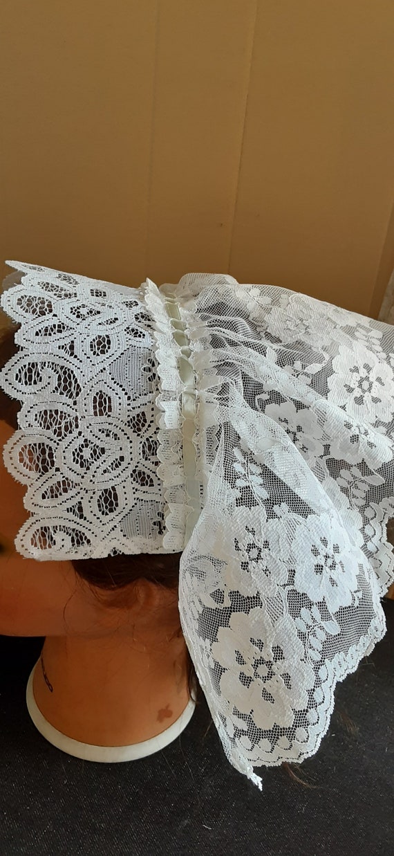 DAY CAP Ladies Victorian Bonnet. Ivory Raised White Floral Ribbon Channel True Vintage Laces, Civil War Era.