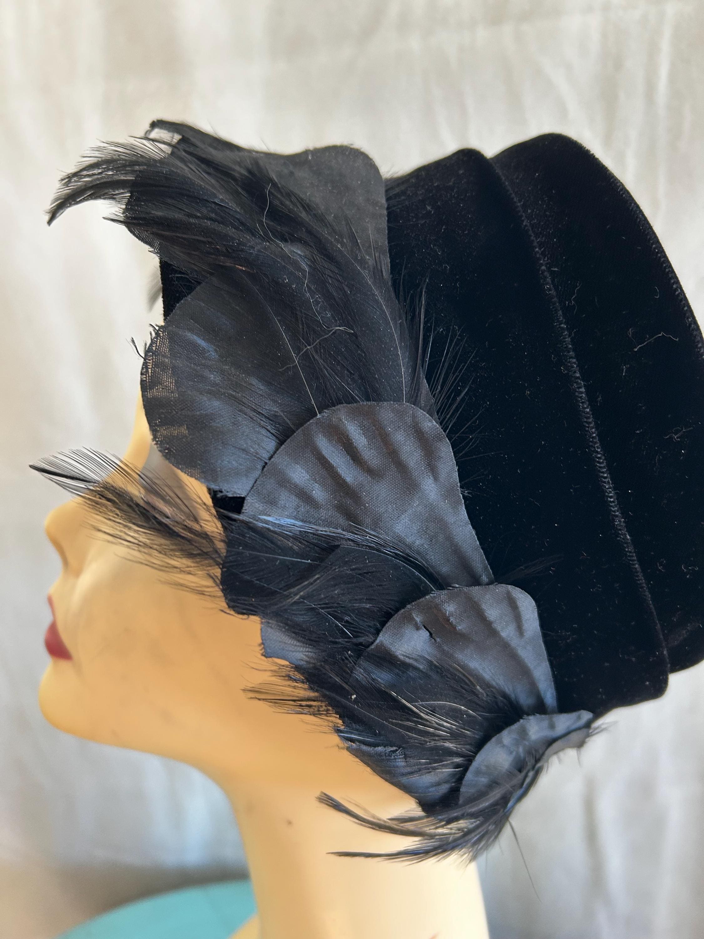 Vintage Florence cloche hat black velvet large bow Nagy Hute bucket steampunk Black Velvet Cloche - Etsy main image 3