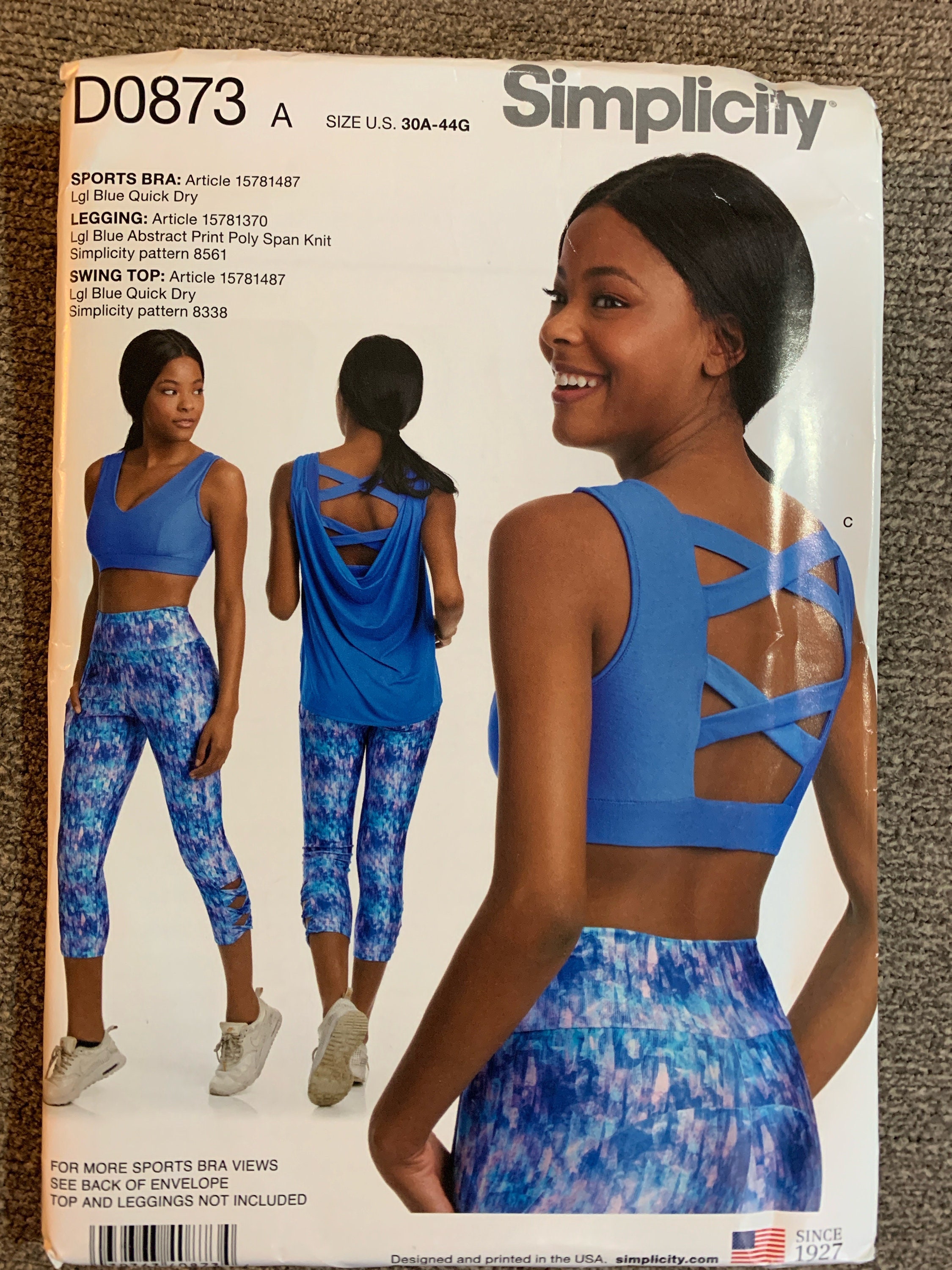 Misses Sizes 30A 44G Knitted Sports BRA, Leggings, Swing Top. Simplicity  D0873 Uncut Sewing Pattern 