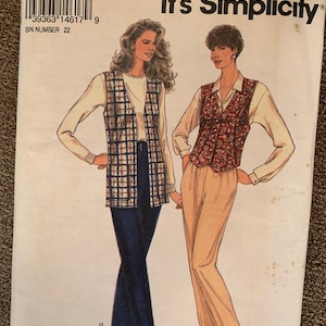 Misses 8 - 18 Pull-on Pants, Lined Vests. Simplicity #8662 Uncut c1993 Sewing Pattern