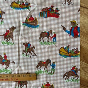 Wild West Cowboys Sheriff Stagecoach Indians Canoe Horses Antique Cotton Remnant Fabric Yardage ~42 x 46 inches. Spring Ind c1940s