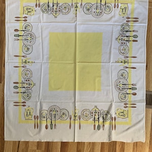 Yellow Linen Vintage MCM Pennsylvania Dutch Tablecloth on White Homespun LINEN Blend. Lots of Detail, 50” Square.  Estate Treasure
