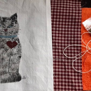 May include: A craft kit for making a cat pillow. The kit includes a piece of white fabric with a gray cat printed on it, a piece of red and white checkered fabric, a piece of orange felt, a bag of stuffing, and white thread.