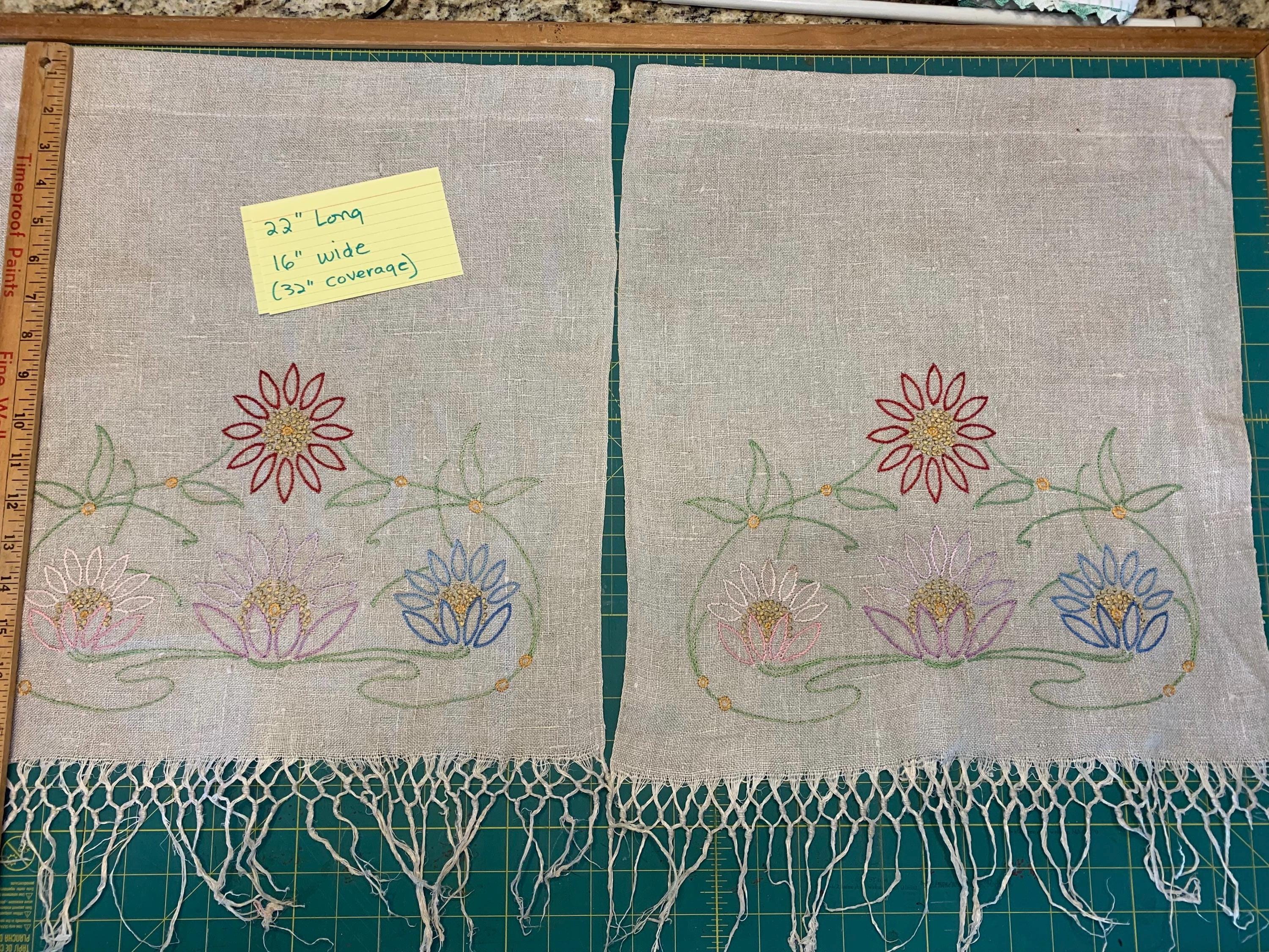 Embroidered Water Lily Theme Fringed LINEN Unlined Window Privacy Panels Curtains. 22 x 16”w (x2) Antique Upcycled Linen