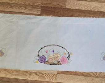 Embroidered Flowers Window Curtain Panel or Valance.  Upcycled Antique Linen.  45 wide x 16 inches long.