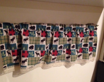 Flannel Curtain Deer Black Bear Lodge Flannel Curtain Valance Moose 15 x 42"w.  Made to Order. Free Shipping