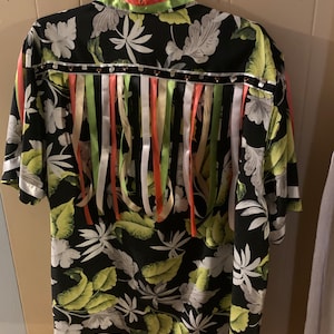 Tribal Ribbon Shirt Adult 3X Sea Shells & Wooden Bead Trim, Satin Ribbons. OOAK Pow Wow Regalia. Short Sleeve, Button Down, Pocket.