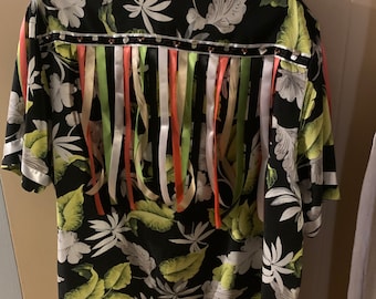 Tribal Ribbon Shirt Adult 3X Sea Shells & Wooden Bead Trim, Satin Ribbons. OOAK Pow Wow Regalia. Short Sleeve, Button Down, Pocket.