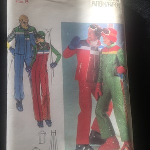 May include: Vintage sewing pattern for ski wear. The pattern includes instructions for a red and white ski jacket, green and white ski pants, and a blue and white ski vest. The pattern is size 8 and is from the Butterick brand.