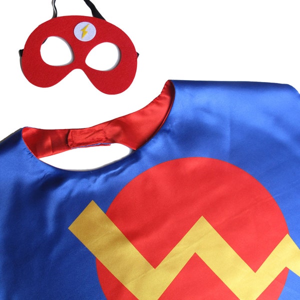 Superhero Cape & Mask BUNDLE | Super Hero Kids Pretend Play Capes | Blue Lightning Bolt Child Dress Up Costume | Superhero Party Favor