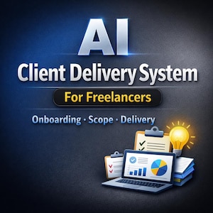 May include: An illustration with the text "AI Client Delivery System For Freelancers." The image includes a laptop displaying charts, a lightbulb, a clipboard, and a stack of books. The words "Onboarding, Scope, Delivery" are also present.