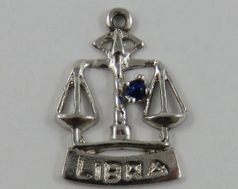 Libra Zodiac With Blue Stone Sterling Silver Vintage Charm For Bracelet