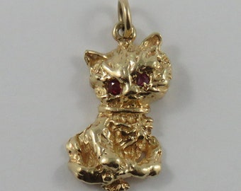 Cat With Red Stone Eyes 10K Gold Vintage Charm For Bracelet