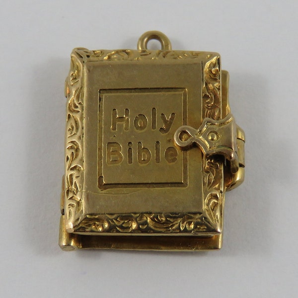 Holy Bible With Movable Pages 9K Mechanical Gold Vintage Charm For Bracelet