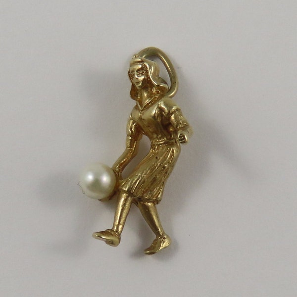 Bowler With White Stone Ball 10K Gold Vintage Charm For Bracelet