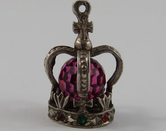 Crown With Pink Bead & Colourful Stones Sterling Silver Vintage Charm For Bracelet