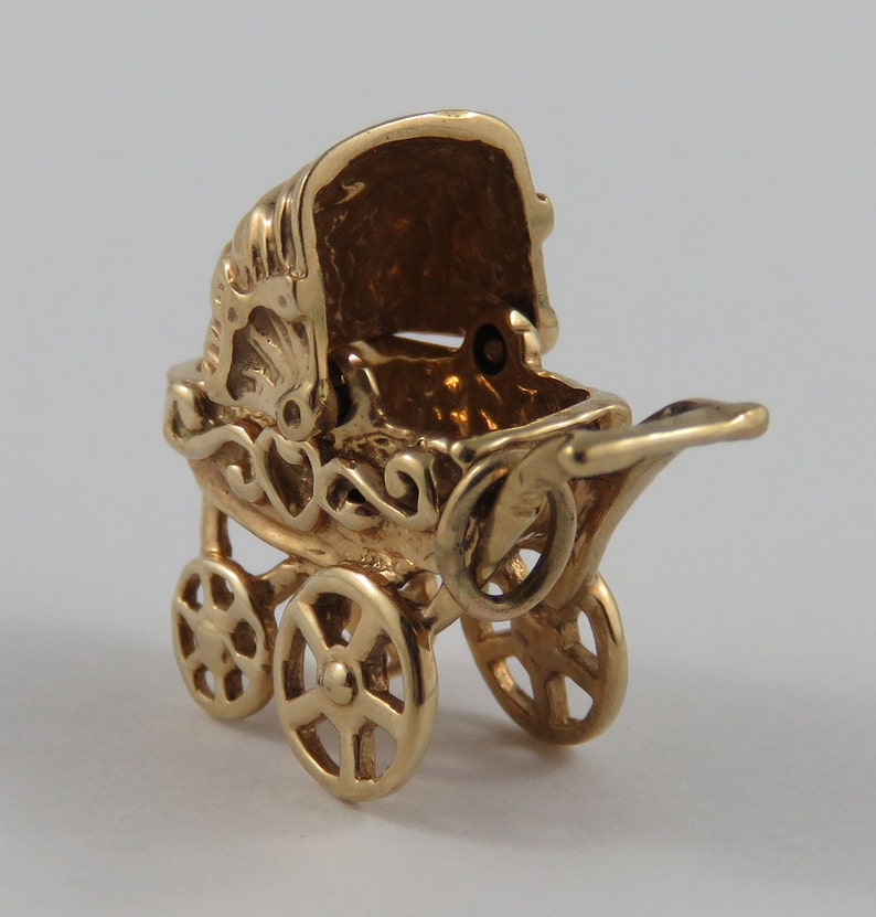 Baby Carriage with Green Stone Mechanical 10K Gold Vintage Charm For Bracelet
