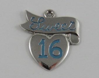 Sweet 16 With Blue Enamel Sterling Silver Vintage Charm For Bracelet