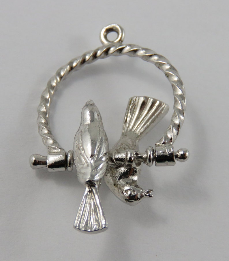 Love Birds on a Ring Mechanical Sterling Silver Vintage Charm For Bracelet
