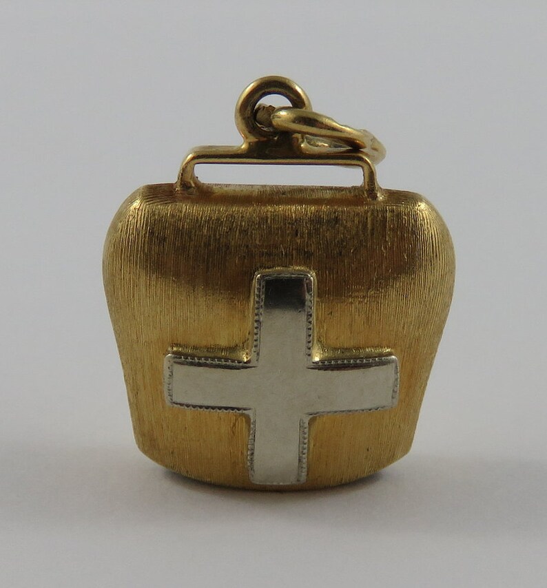 Ringing Bell With White Gold Cross Mechanical 18K Gold Vintage Charm For Bracelet