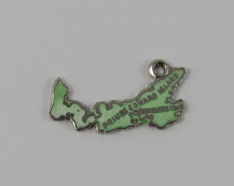 Green Enamel Map of Prince Edward Island Sterling Silver Vintage Charm For Bracelet