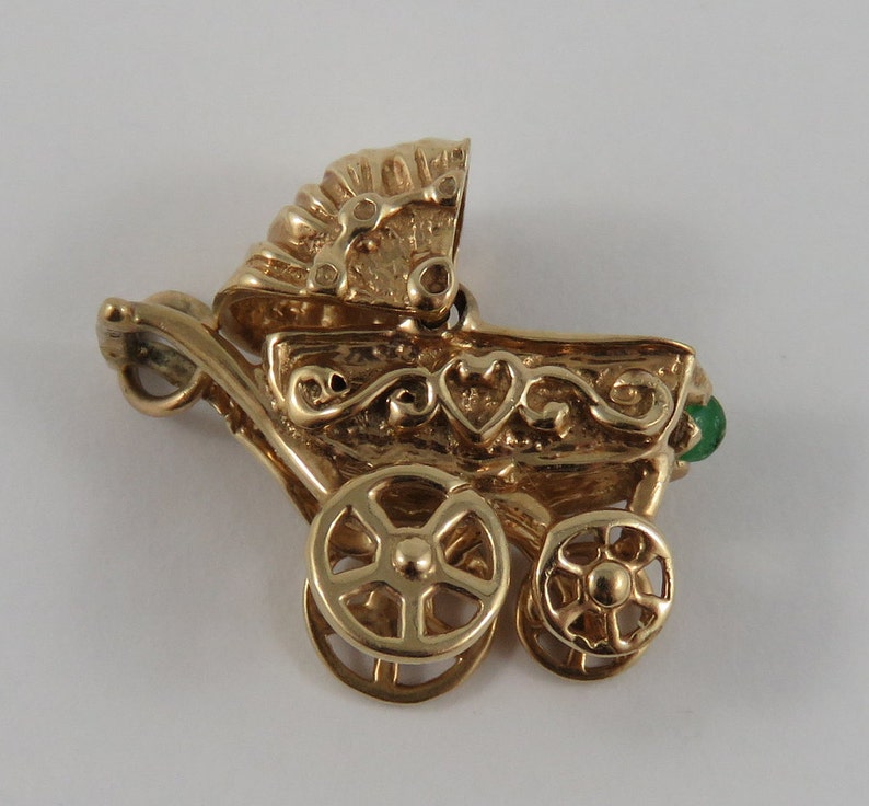 Baby Carriage with Green Stone Mechanical 10K Gold Vintage Charm For Bracelet
