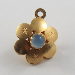 Puffed Flower With Light Blue Stones On Each Side 18K Gold Vintage Charm For Bracelet
