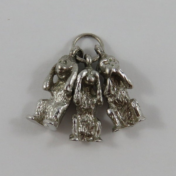 Three Wise Monkeys- See, Hear, Speak No Evil Sterling Silver Vintage Charm For Bracelet