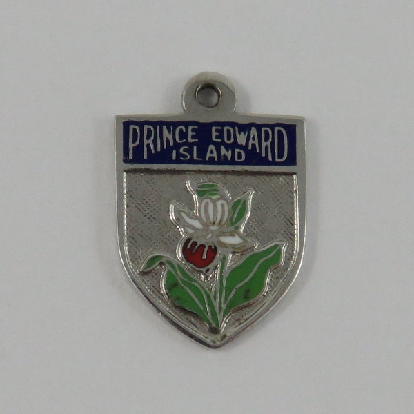 Prince Edward Island Enamel Lady's Slipper/Canada Double Sided Travel Shield Sterling Silver Vintage Charm For Bracelet