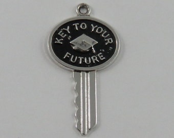 Key To Your Future With Black Enamel Sterling Silver Vintage Charm For Bracelet