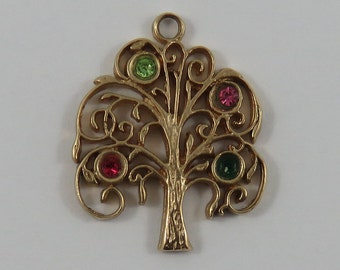 Tree With Colourful Stones 10K Gold Vintage Charm For Bracelet