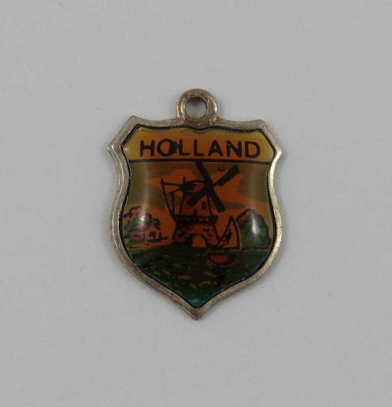 Holland Enamel Travel Shield Silver Vintage Charm For Bracelet