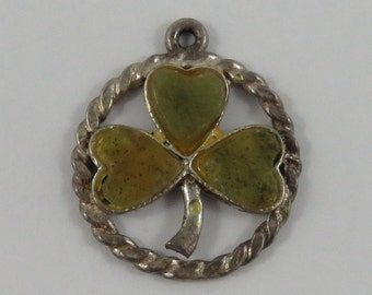 Green Connemara Marble Shamrock Three Leaf Clover Sterling Silver Vintage Charms For Bracelet