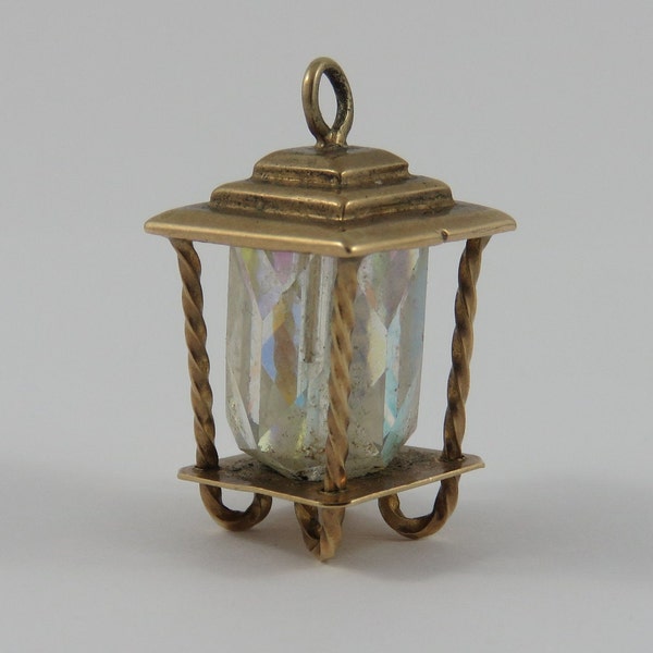 Large Lantern With Clear Stone Mechanical 9K Gold Vintage Charm For Bracelet