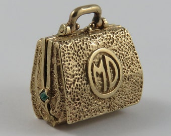 Large Medical Doctor MD Bag With Turquoise Stones-Syringe, Scissors & Stethoscope Mechanical 10K Gold Vintage Charm For Bracelet