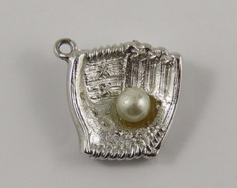 Baseball Glove With White Stone Ball Sterling Silver Vintage Charm For Bracelet