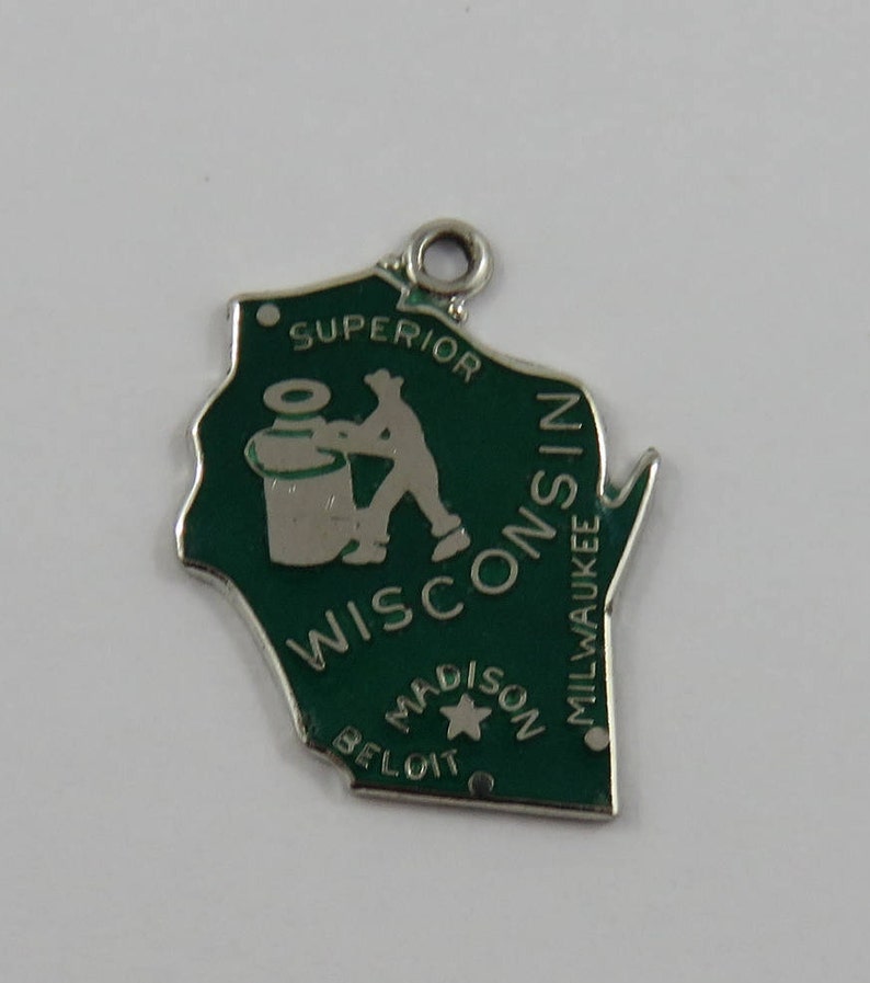 Green Enamel Map of Wisconsin State Badger State Sterling Silver Vintage Charm For Bracelet