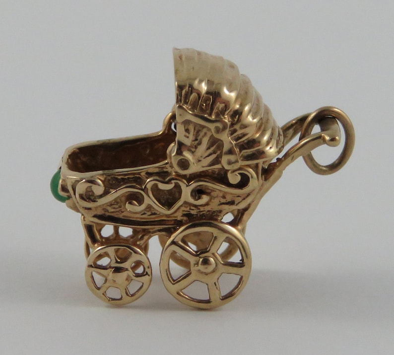Baby Carriage with Green Stone Mechanical 10K Gold Vintage Charm For Bracelet