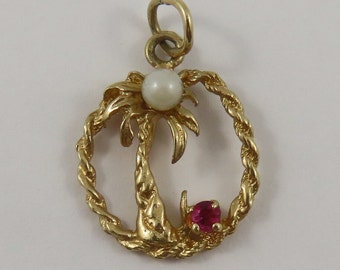 Palm Tree With White & Pink Stones 14K Gold Vintage Charm For Bracelet