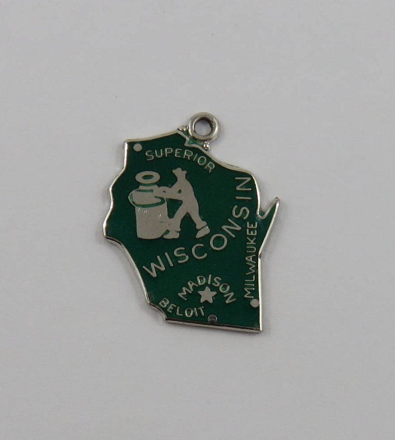 Green Enamel Map of Wisconsin State Badger State Sterling Silver Vintage Charm For Bracelet
