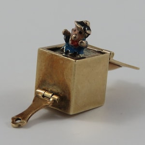 Enamel Jack in the Box Mechanical 9K Gold Vintage Charm For Bracelet