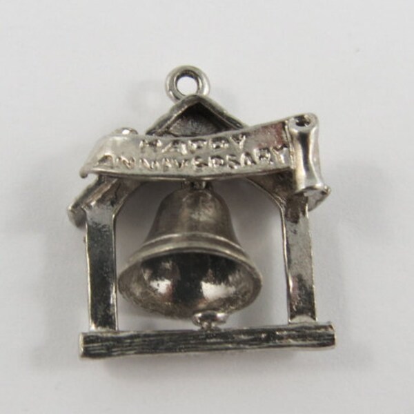 Happy Anniversary Bell Mechanical Sterling Silver Vintage Charm For Bracelet