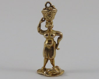 Busty Woman Carrying Basket of Fruit on Head 10K Gold Vintage Charm For Bracelet