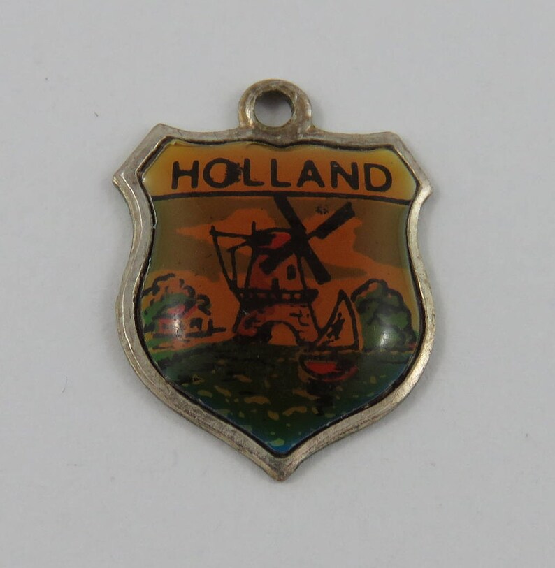 Holland Enamel Travel Shield Silver Vintage Charm For Bracelet